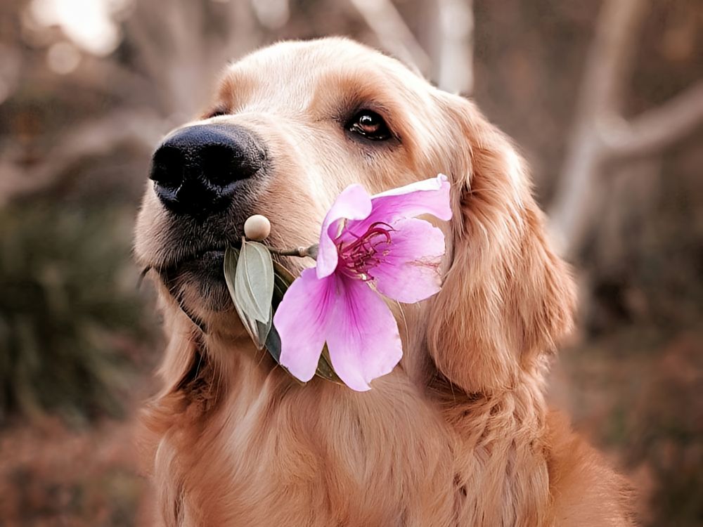 Golden Lab dog holding a pretty pink flower in his muzzle