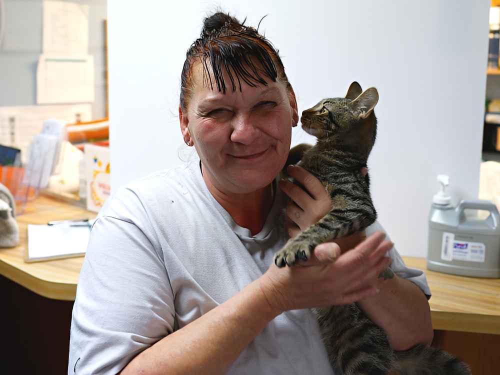 Nelson SPCA Tammy Goolsby, Feline Technician getting the scoop from a resident kitty