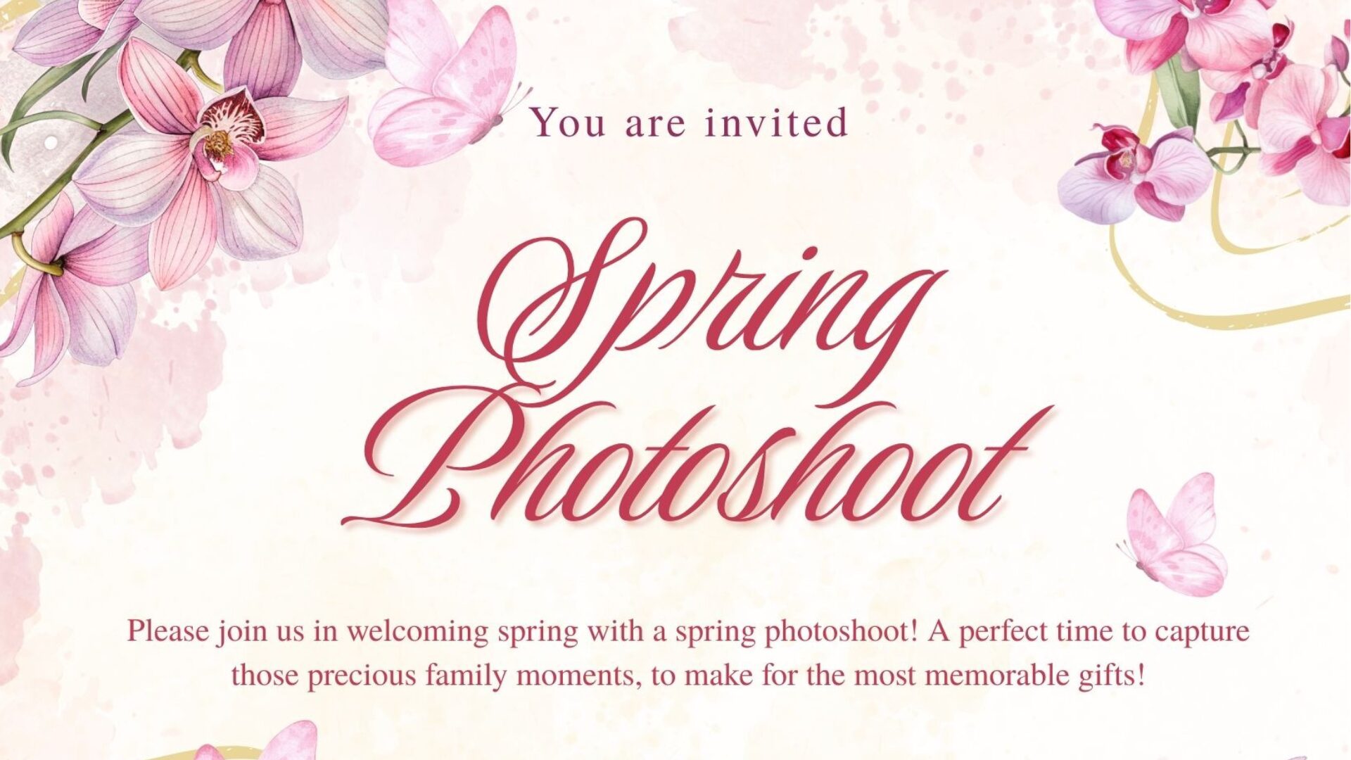 Flyer for a “Spring Photoshoot” event featuring pink floral designs, butterflies, and a soft pastel background. The event invites attendees to a spring-themed photoshoot on April 18, 2026, encouraging families and pet owners to capture special moments. It includes scheduling information with Shelter Manager Rose Fariss via email and notes that monetary donations to the Nelson SPCA are appreciated.