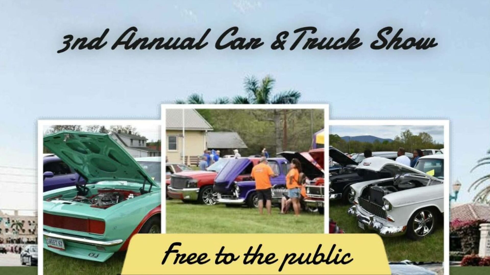 Flyer for the Massies Mill Ruritan Club’s 3rd Annual Car & Truck Show on April 18 from 10 a.m. to 2 p.m. at 5439 Patrick Henry Highway in Roseland, VA. The event is free to the public, with a $20 vehicle entry fee. Features include classic cars, dash plaques for the first 50 entries, concessions starting at 11 a.m., trophies, a 50/50 raffle, and a contact number (434-277-8586).